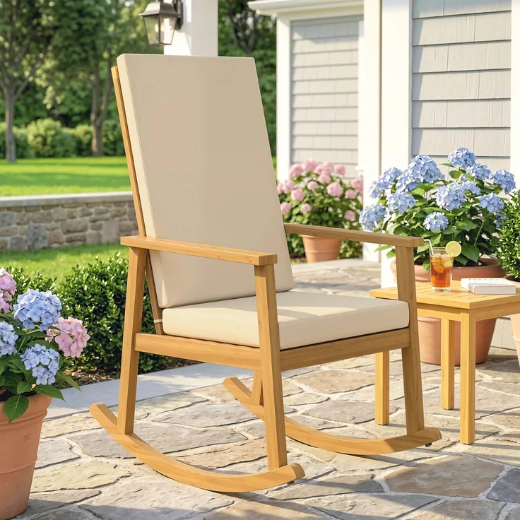 Schaukelstuhl aus Akazienholz Schaukelsessel mit hoher Rückenlehne Kissen bis 160 kg 60 x 89 x 107 cm Beige--Beige--107x60x89cm--YOUDENOVA – Bild 3