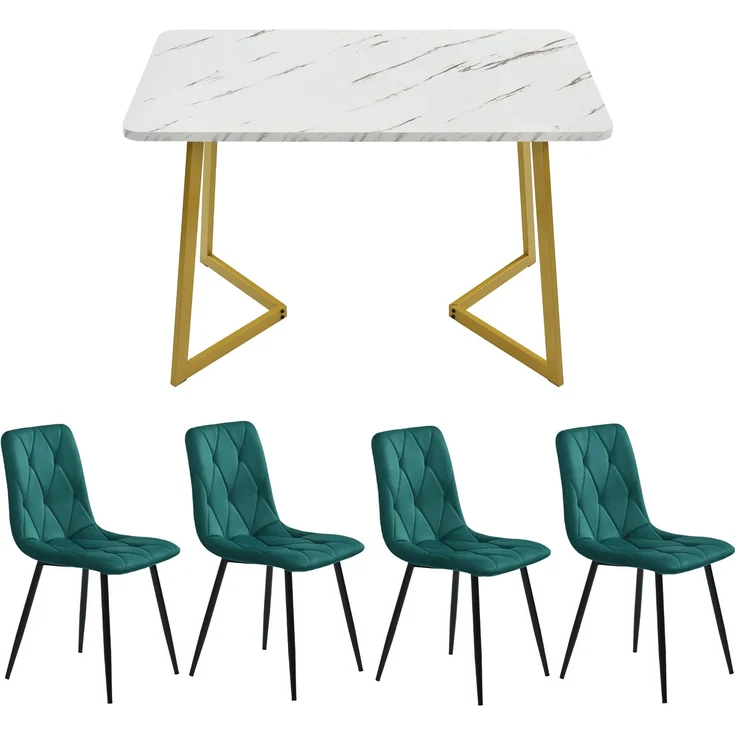 Essgruppe 5-teilig mit Marmoroptik Tisch 117×68 cm & 4 grün Leinenstühlen,Esszimmer-Set für Küche und Wohnzimmer – Bild 3