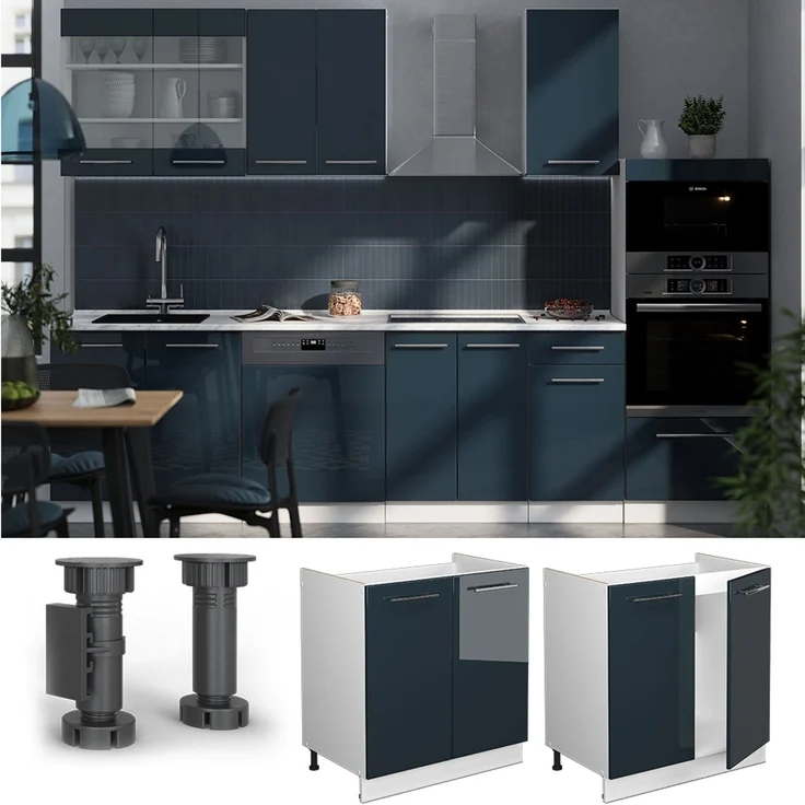 Spülenunterschrank Fame-Line Dunkelblau Hochglanz 80 cm ohne Arbeitsplatte Vicco – Bild 2