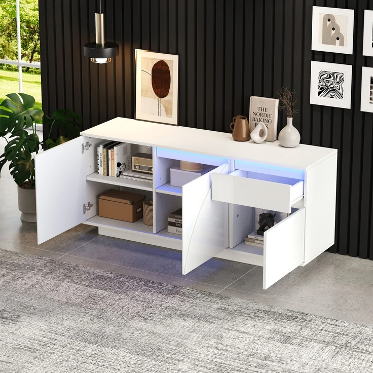 Sideboard 140 cm mit LED, Weiß Hochglanz, moderner Aufbewahrungsschrank mit 3 Türen, 1 Schublade & verstellbaren Regalen – Bild 6
