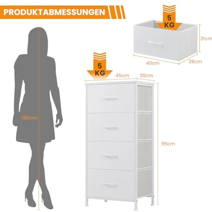 DUMOS Kommode mit Schubladen - kommoden & Sideboards für Schlafzimmer Geeignet, Komodenschrank mit 4 Schubladen, Stoffkommode mit Stabilem Stahlrahmen, Ideal für Schlafzimmer, Wohnzimmer (Weiß) – Bild 3