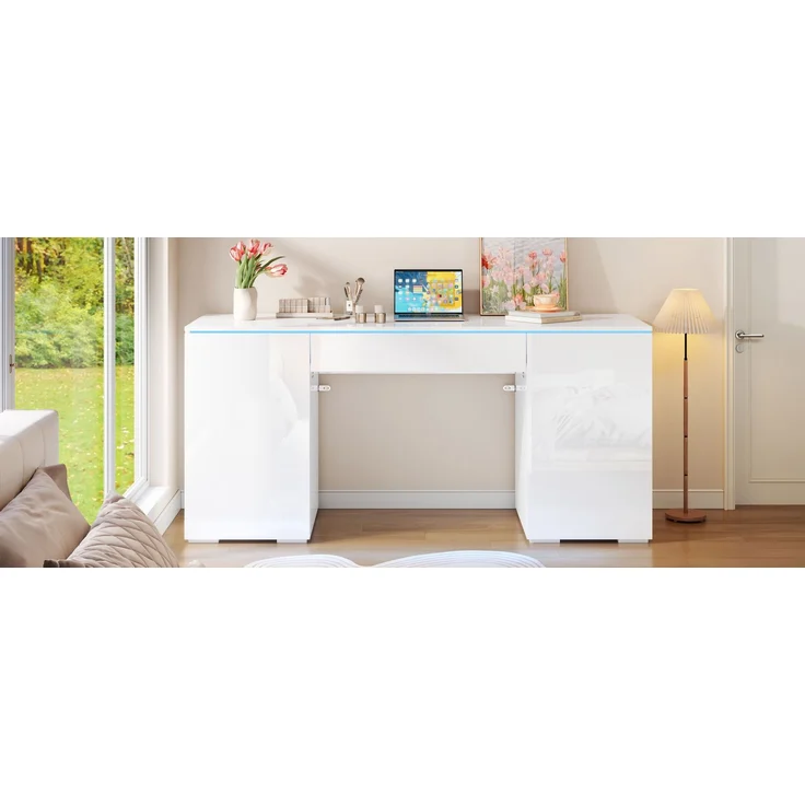 ZUBALIYA 140x50cm großer Schreibtisch in Hochglanz, mit LED-Beleuchtung, 1 Schublade und 2 Türen, moderner Computertisch mit extra großer Arbeitsfläche, Schminktisch mit Stauraum, in Weiß-Hochglanz – Bild 19