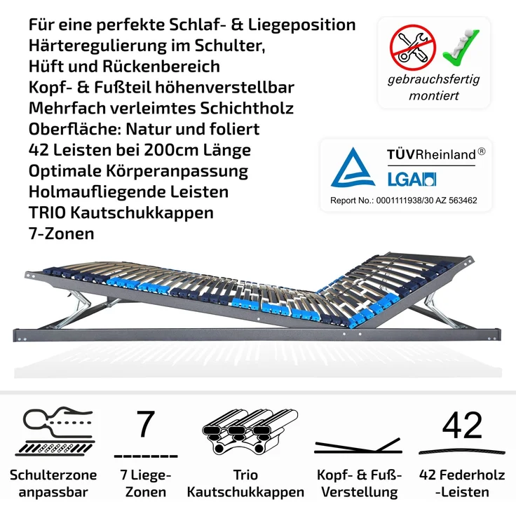 Lattenrost mit Schulteranpassung 140x200cm 42 Leisten Kopf & Fußverstellung – Bild 4