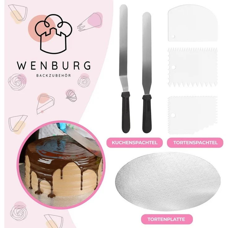 Wenburg Tortenplatte Drehbar, Tortendeko Set - Drehplatte mit Zubehör: Winkelpaletten, Teigschaber, Tortenunterlage, E-Book. Torten Drehteller I Tortenständer (Tortenplatten Set Chef) – Bild 3