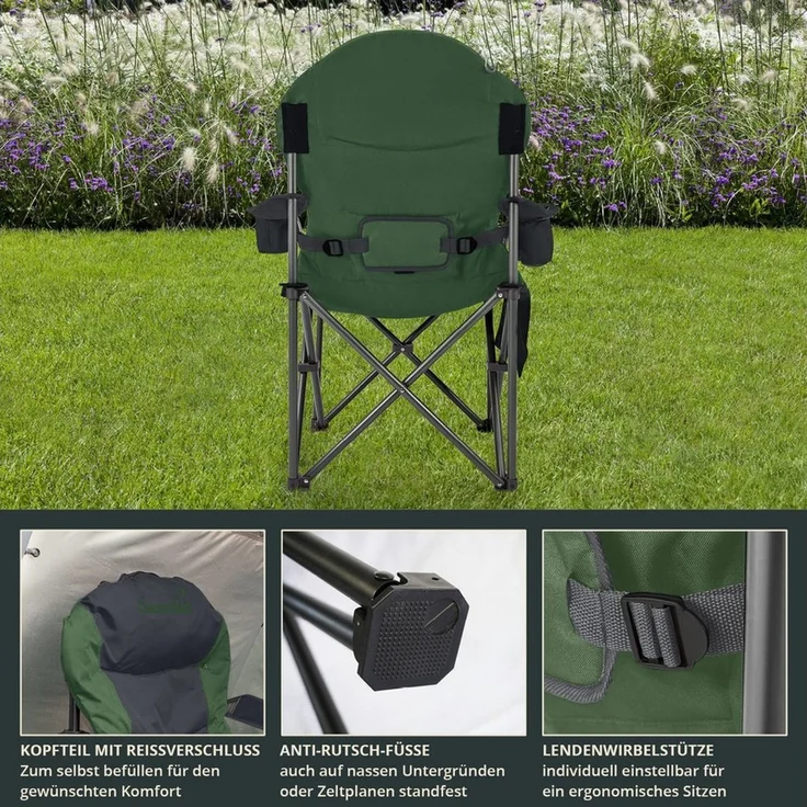 Skandika Campingstuhl Relax Comfort, Klappstuhl, Faltsessel, Anglerstuhl, Gartenstuhl (Max. Nutzergewicht 160 kg, Reißverschlussfach im Kopfteil, Tragetasche), Getränkehalter, Kühlfach, Seitentasche, Polsterfach, breite Sitzfläche – Bild 4