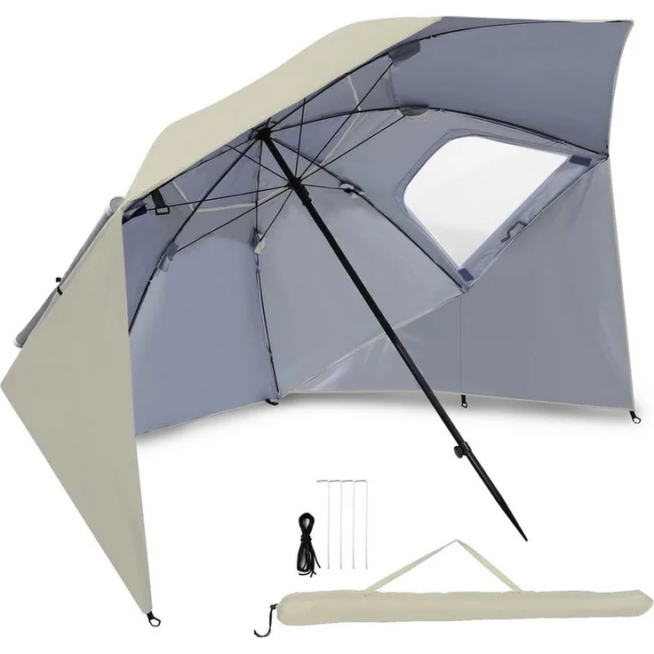 Clanmacy Sonnenschirm Strandschirm 210cm UV Schutz 50+ Neigbar Beige mit Erdspieß & Tasche, LxB: 210x200 cm, Stabiler knickbar/für Garten, Balkon, Terasse/Sonnenschutz UV50+