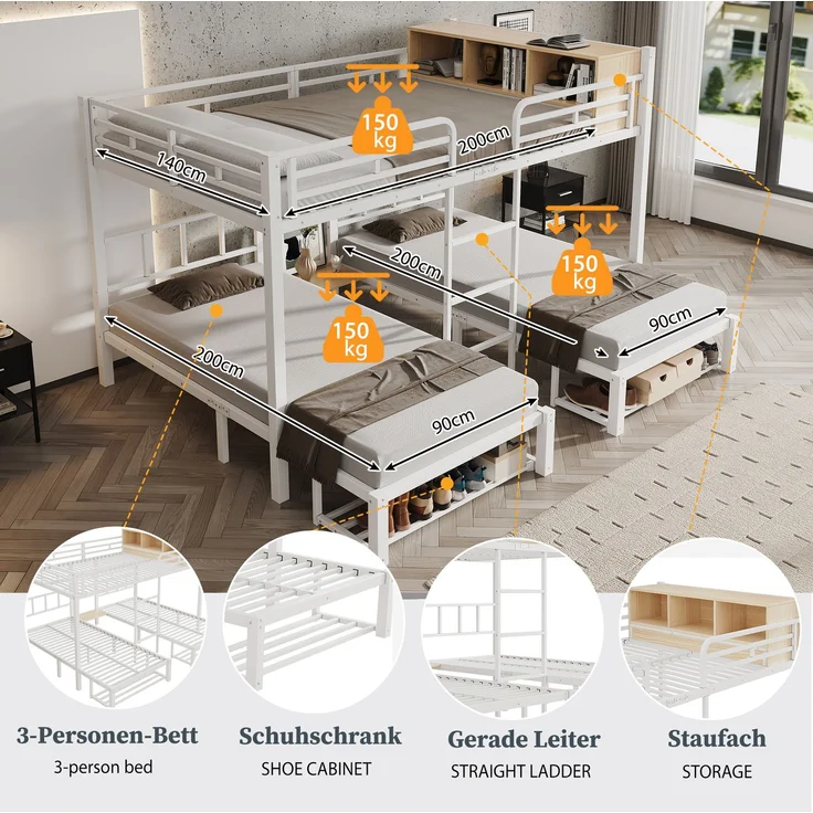 EINHOM Metall-Etagenbett 140x200/90x200 cm Weiß, Familien-Stockbett mit 3 Schlafplätzen, offenem Regal, Schuhablage und Leiter für Gästezimmer und Jugendzimmer (Ohne Matratze) – Bild 7