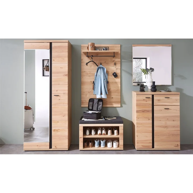 Garderobenbank Sonos, Echtholz, Holzwerkstoff, Polyester, Schwarz, Holzfarben, 80 x 53 x 40 cm – Bild 4