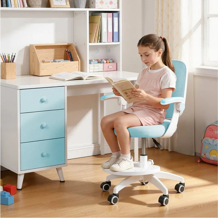 Rutaqian Schreibtischstuhl Schreibtischstuhl mit verstellbarer Fußstütze und Klapparm, Kinder-Studienstuhl 360-Grad-drehbarer für das Lernzimmer zu Hause – Bild 2