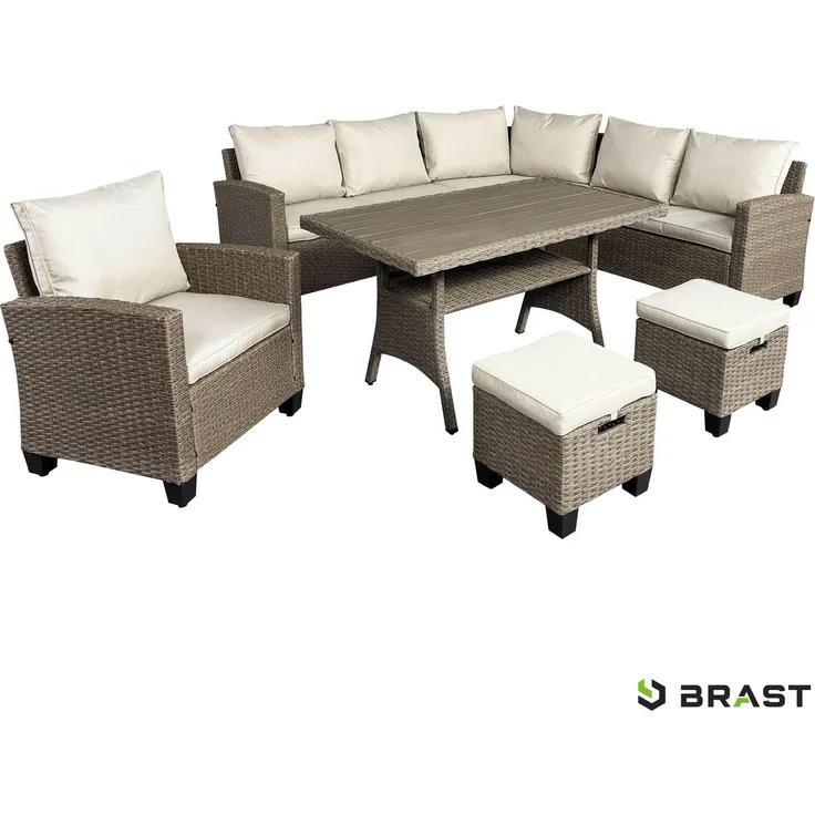 BRAST 'Hacienda' Gartenmöbel Set mit Kissen & Abdeckung, 10 Personen, Braun / Beige