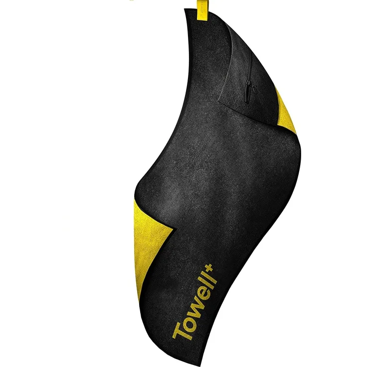 STRYVE | Towell + | Sporthandtuch mit Tasche und Magnetclip | Black and Yellow Edition | ideal für Fitnessstudios | bekannt aus Die Höhle der Löwen
