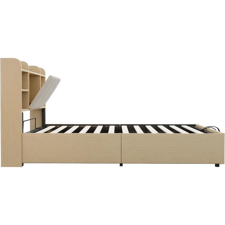 Holzbett 90 x 200 cm, Hydraulisches Bett, Kopfteil mit Stauraum, Ausgestattet mit USB- und Tape-C-Steckdose, Einzelbett, Jugendbett, Holzfarbe (ohne Matratze) – Bild 8