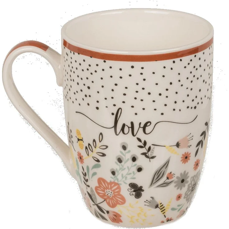 Tasse ca. 8x10,5 cm mit Spruch und Blumenmotiv bunte Kaffeetasse mit Farbakzent Love