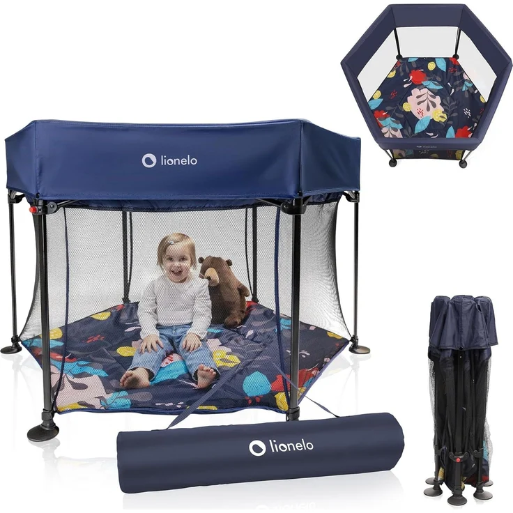 LIONELO Roel Laufstall Baby bis zu 15 kg, Großformat 135x85 cm, sechseckige Form, LockGuard Faltschloss, verstärkte Basis, rutschfeste Fußkappen, Schutztasche – Bild 1