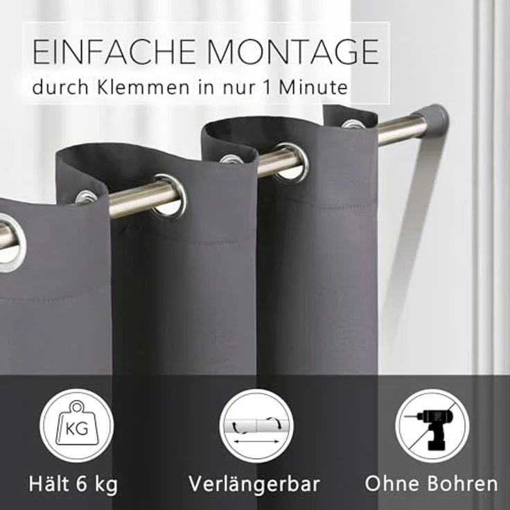 tinycurtains Türvorhang mit Stange silber 70-120 cm Thermo Vorhang ohne Bohren, mit Magneten, Ösen, abdunkelnd, Polyester, grau Nebula, Türgardine mit Klemmstange Raumtrenner verdunkelnd – Bild 3