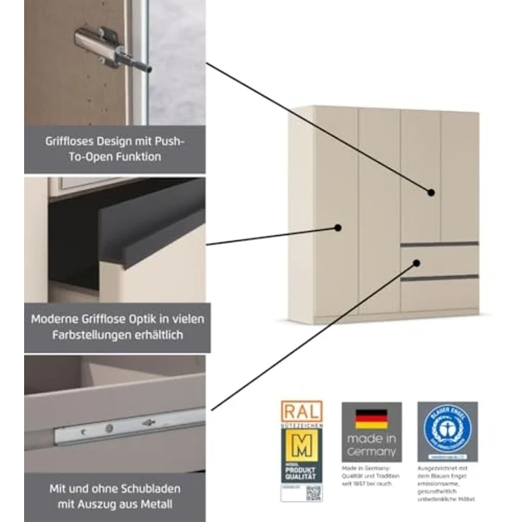 Rauch Möbel Costa, Kleiderschrank für Schlafzimmer, Kinderzimmer, Babyzimmer, Garderobe, 3-türig, Spiegel, 2 Schubladen, Push-to-Open, Zubehör Classic, Farbe Grau metallic, Schwarz, Breite 136 cm – Bild 5