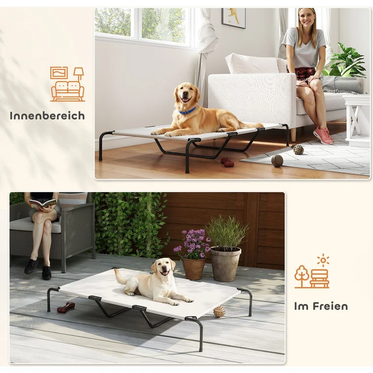 PawHut Erhöhtes Hundebett, Stahl, Texteline, Beige, 152L x 94B x 23H cm – Bild 6