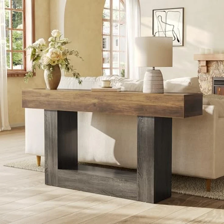 LITTLE TREE Konsolentisch, 160 cm lang, 2-stöckig, Bauernhaus-Sofatisch hinter der Couch, großer schmaler Eingangstisch für Wohnzimmer, Flur, Foyertisch aus Holz mit robuster Basis, rustikales Braun – Bild 7
