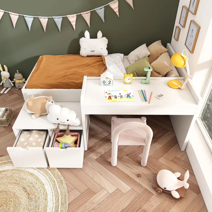 Kinderbett mit Schreibtisch & 2 Schubladen, Kiefer-Massivholz/MDF, 137x205x82,5 cm, Weiß, ohne Matratze – Bild 1