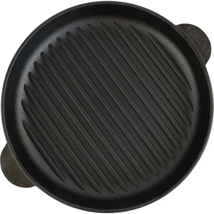 Ø26cm Grillpfanne aus Gusseisen Bräter mit Pressdeckel Glasdeckel Pfannenwender Schmortopf zwei Griffe Servierpfanne Grill – Bild 6