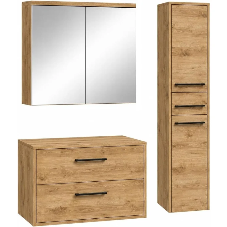 Badplaats Waschtischunterschrank-Set Florence 80 x 46 cm - Kastanieneiche - mit Spiegelschrank und Hochschrank – Bild 1