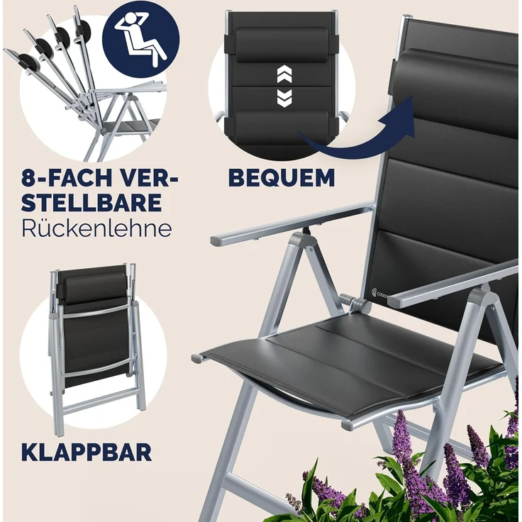 CASARIA® Alu Gartenstühle 4er Set Gepolstert 8-Fach Verstellbar Silber – Bild 6