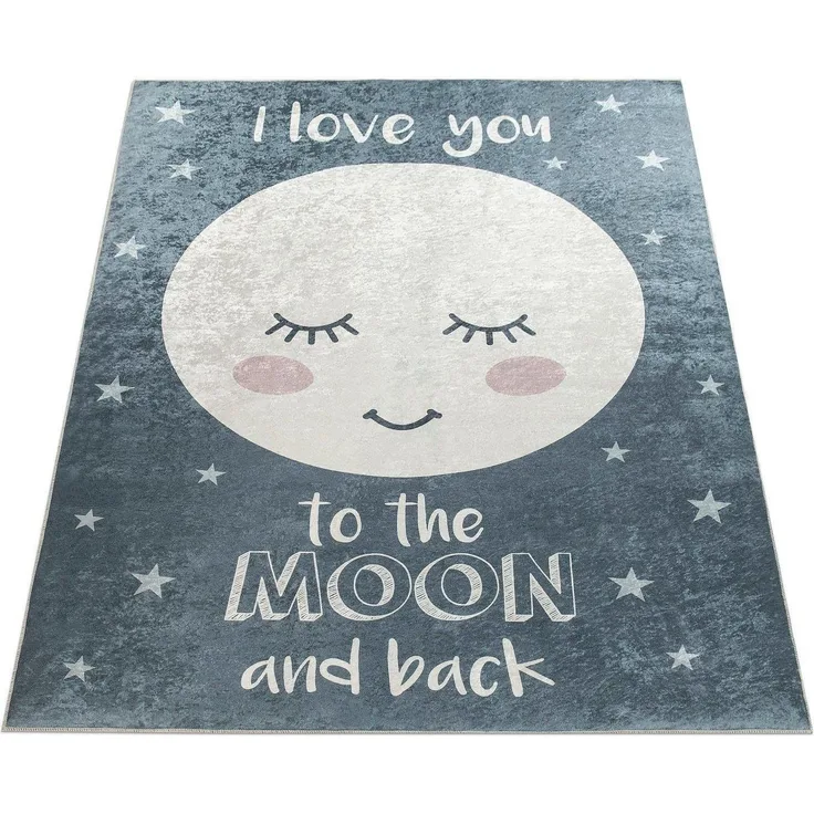 Paco Home Kinderteppich Aleyna 103, rechteckig, Höhe: 6 mm, Kinder Design, niedliches Mond Motiv mit Schriftzug, Kinderzimmer