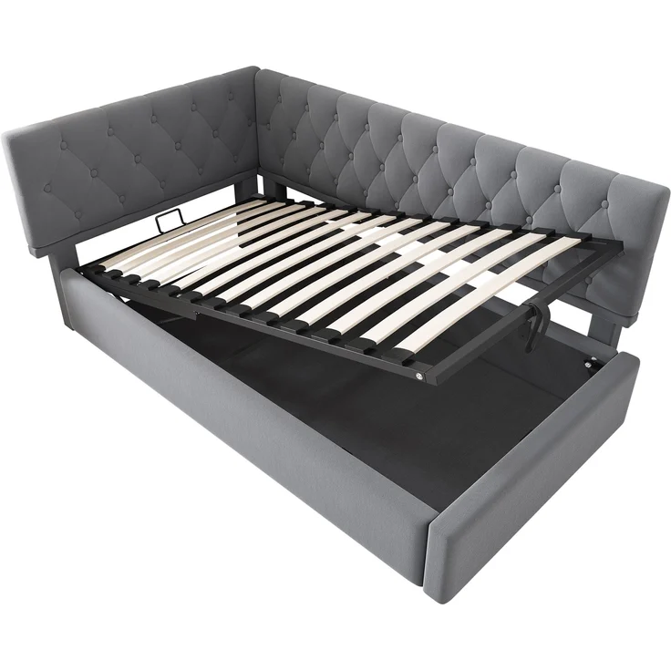 Schlafsofa L-Form Grau Samt Stauraum Hydraulisch 90x190 cm Beige Rosa Kopfteil beidseitig montierbar – Bild 9