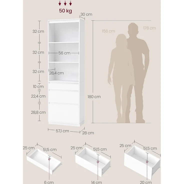 VASAGLE Bücherregal, Hochschrank, 3 unterschiedlich große Schubladen, verstellbare Ablagen, 180 cm hoch, für Wohnzimmer Schlafzimmer Arbeitszimmer, modern, platzsparend, schneeweiß LBC188W01 – Bild 3