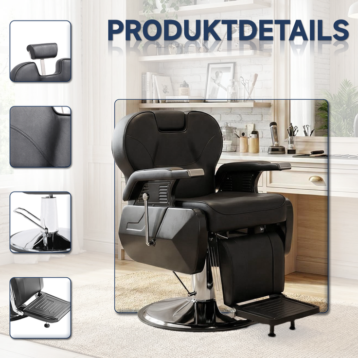 HOME NATURE WOHNKONZEPT Schwerlast Friseurstuhl hydraulisch, Barberstuhl höhenverstellbar, 360° drehbar, mit neigbarer Rückenlehne & Fußstütze, Kunstleder, Schwarz – Bild 5