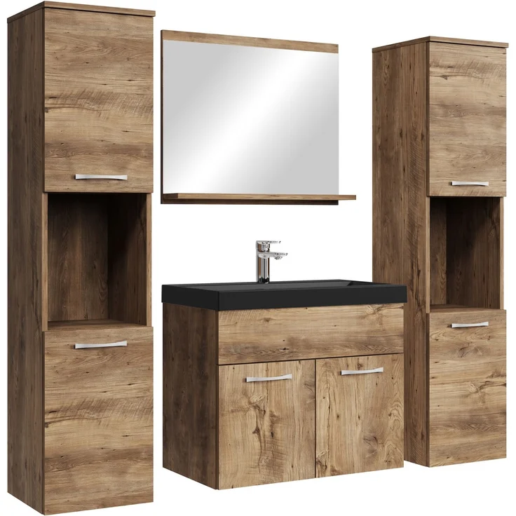 Badplaats Badmöbel Komplettset Montreal XL 60x35 cm Braun Eiche - Badezimmermöbel mit Schwarze Waschbecken, Spiegel und 2 Badezimmerschränke – Bild 1