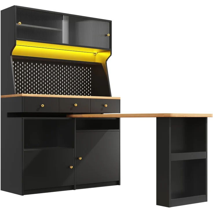 Hochschrank mit Schreibtisch, MDF und Glas, LED per App, USB-Anschluss, 137x74x177,7 cm, Schwarz – Bild 7