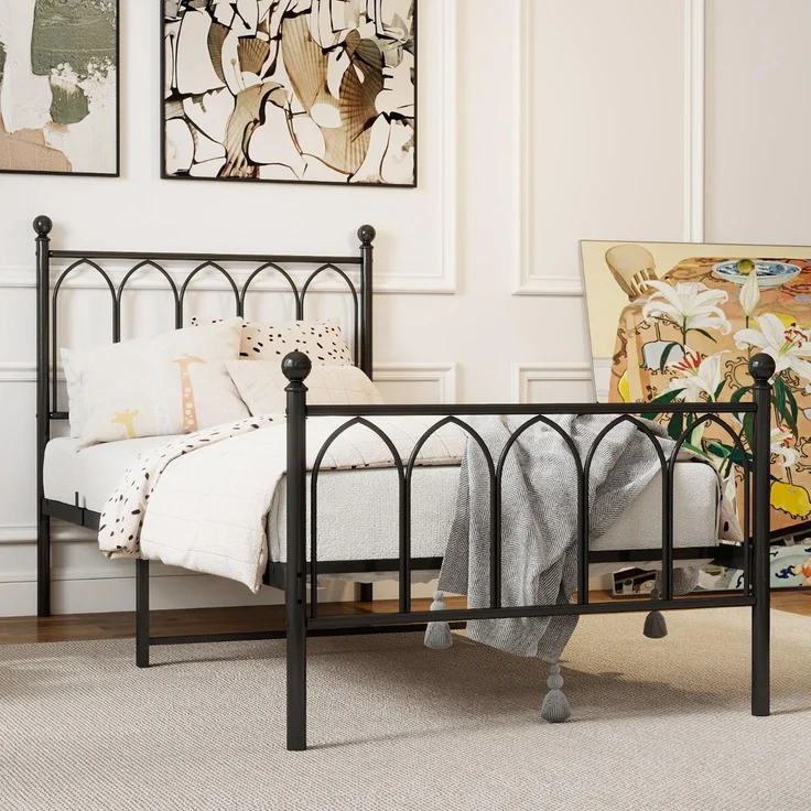 Einzelbett Metall 90x200 cm, Schwarz, Lattenrost, Stauraum 27 cm, rustikal (ohne Matratze) – Bild 3