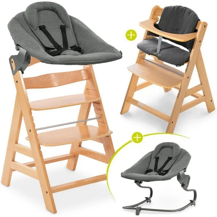 Hauck Hochstuhl Alpha Plus Natur Newborn Set, Holz Babystuhl ab Geburt inkl. Aufsatz für Neugeborene & Sitzauflage – Bild 5