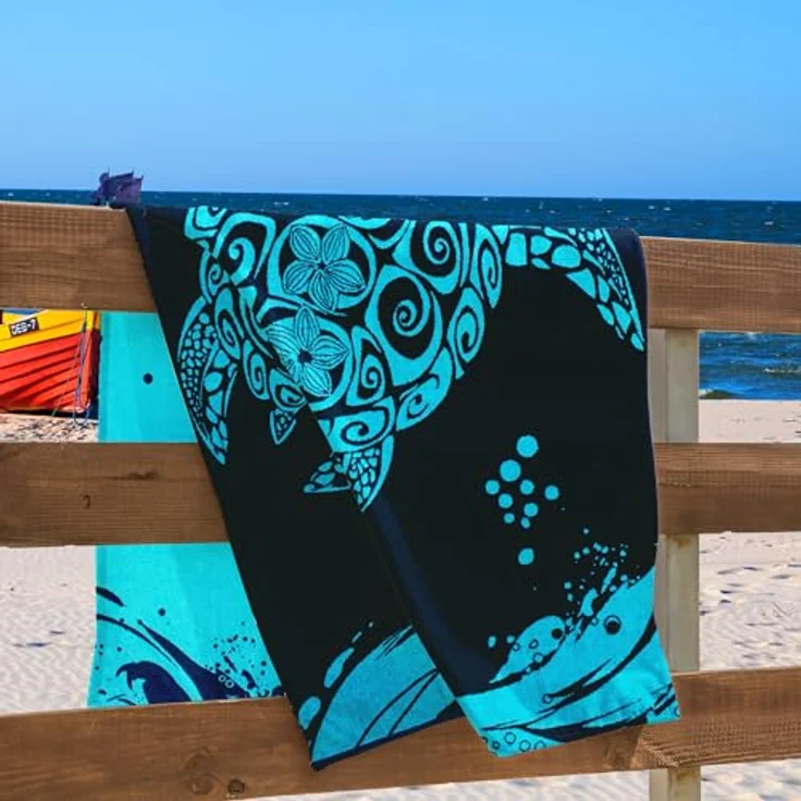 DecoKing Strandtuch groß 90x180 cm Baumwolle Frottee Velours Badetuch blau dunkelblau Marineblau weiß Turtle – Bild 5