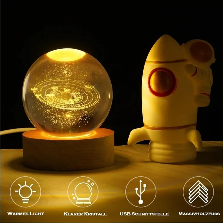 TUWENA LED Nachtlicht 3D Kristall Kugel Nachtlicht, 8cm Glaskugel-Nachtlampe mit Holzsockel, USB betrieben kugeln Lampe, Dekorationen, Geschenke für Frauen, Kinder – Bild 2