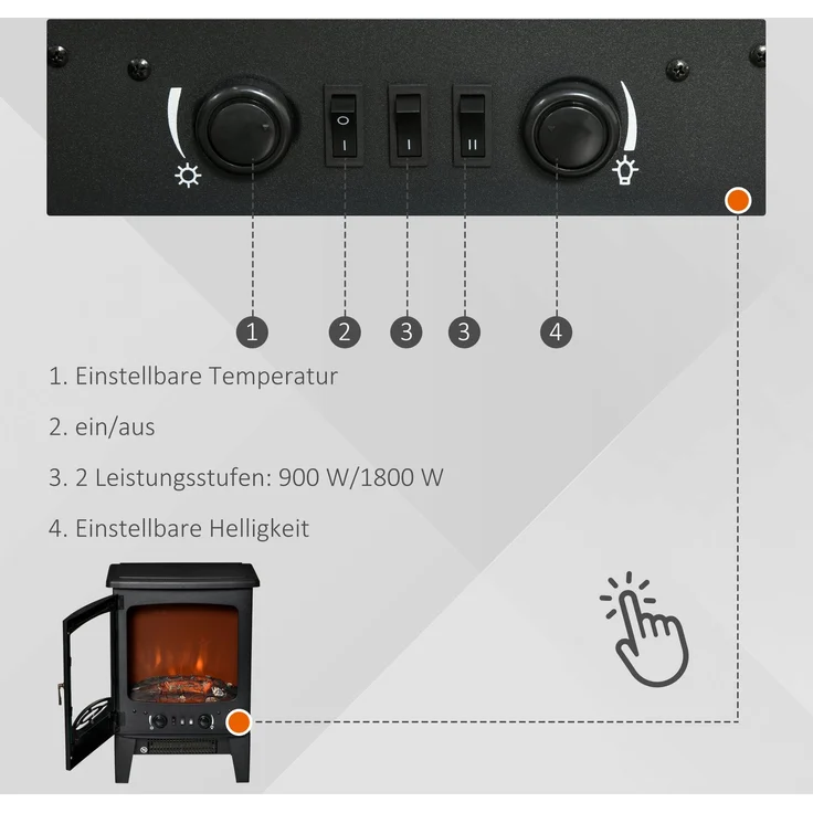 JARDJ LED Elektrokamin Standkamin mit Flammeneffekt 900/1800W Schwarz – Bild 7