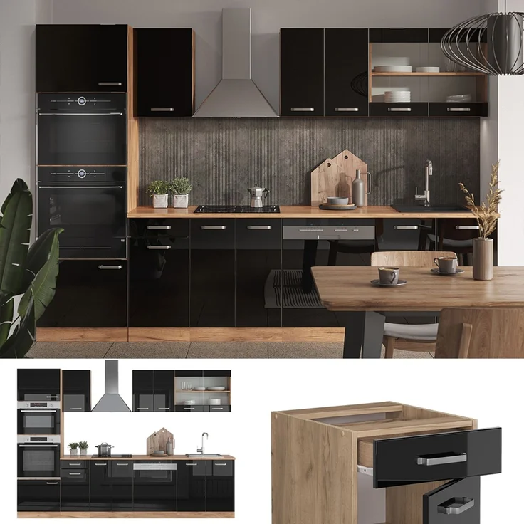 Küchenzeile R-Line Schwarz Hochglanz/Goldkraft Eiche 300 cm mit Hochschrank, AP Anthrazit Vicco – Bild 2