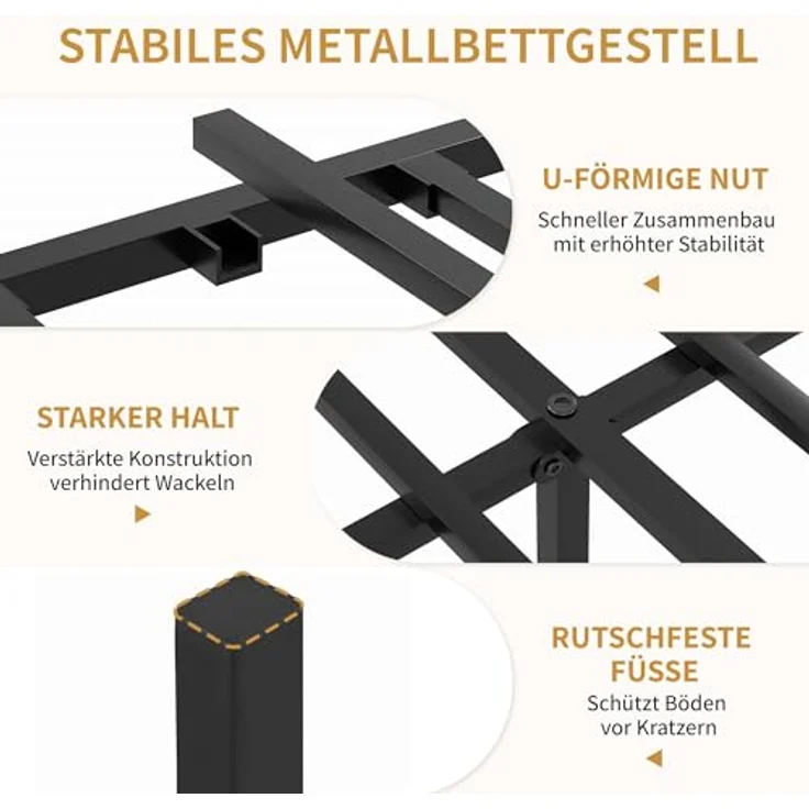VECELO 2er Set Bettgestelle 90x200 cm, Einzelbetten mit Metall Lattenrost und massivem Holzkopfteil, stabil und geräuschlos, ideal als Gästebett und Jugendbett, Braun – Bild 6