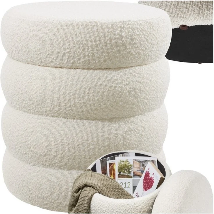 tectake® Hocker mit Stauraum, Scandi Sitzhocker Bouclé Teddy Stoff, Pouf, Polsterhocker rund für Schminktisch, Schlafzimmer, Wohnzimmer Möbel, als Flur Möbel, Stauhocker Wohnen - Bouclé Creme-weiß – Bild 4