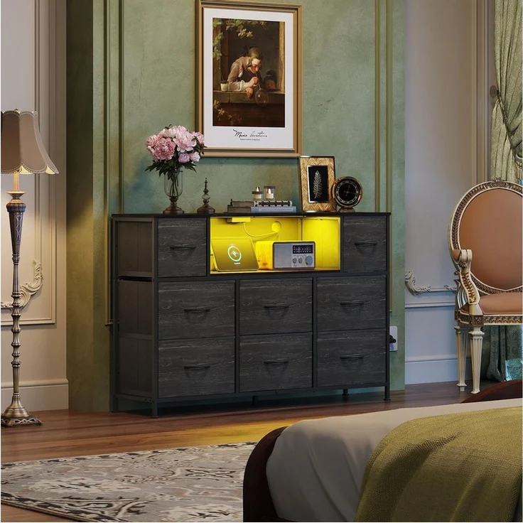 WLIVE Kommode mit 8 Stoffschubladen, LED-Beleuchtung und Ladestation (Aufbewahrungsschrank mit Holzplatte und Metallgestell, Aufbewahrungsschrank mit Holzplatte und Metallgestell), Schlafzimmerkommode für Wohnzimmer, Flur und Schlafzimmer – Bild 2