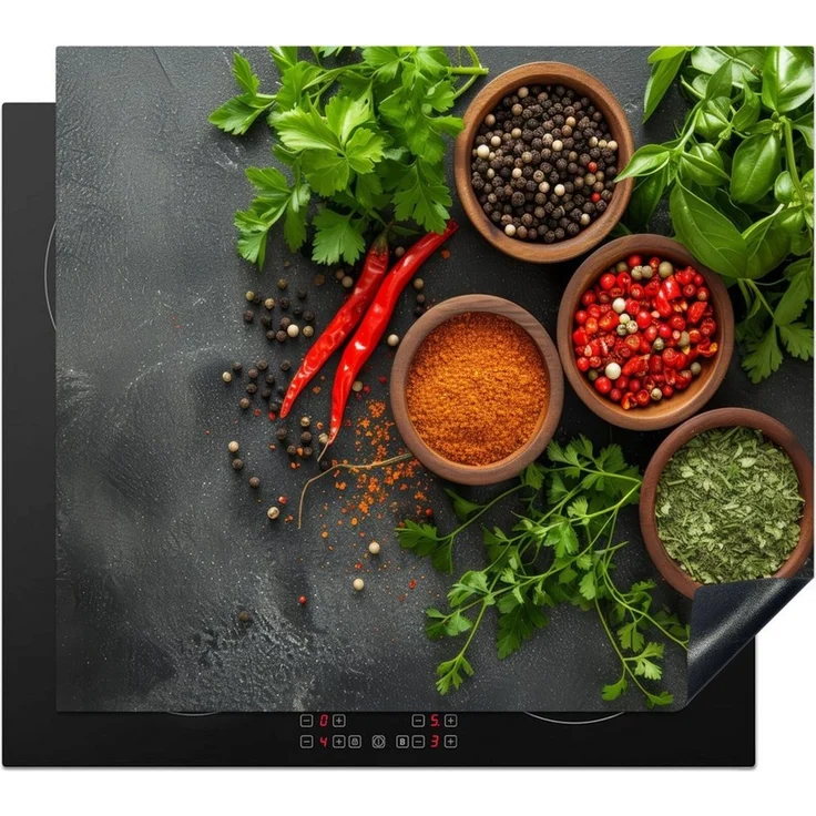 MuchoWow Herd-Abdeckplatte Kräuter - Paprika - Betonoptik/print, Vinyl, (1 tlg), Ceranfeldabdeckung Küche, Herdabdeckplatte Einteilig, 60x52 cm – Bild 1