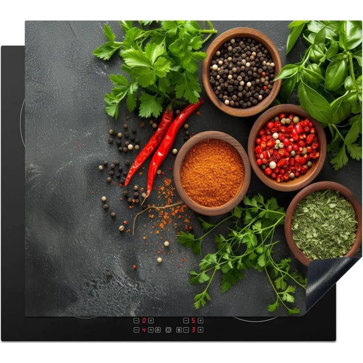 MuchoWow Herd-Abdeckplatte Kräuter - Paprika - Betonoptik/print, Vinyl, (1 tlg), Ceranfeldabdeckung Küche, Herdabdeckplatte Einteilig, 60x52 cm