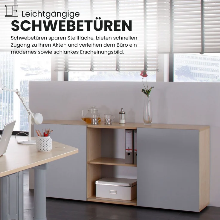 bümö Schwebetürenschrank, Sideboard Graphit/Asteiche - Büromöbel Sideboard Holz 160cm breit, 42cm schmal, Büro Schrank mit Schwebetür für Flur oder als Wohnzimmer-Kommode, 1780-G-R – Bild 6