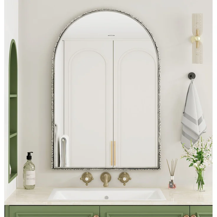 Flieks Badspiegel mit Bogenform, Wandspiegel mit Eisenkunst-Dekor, 61 x 91 cm, Silber – Bild 2