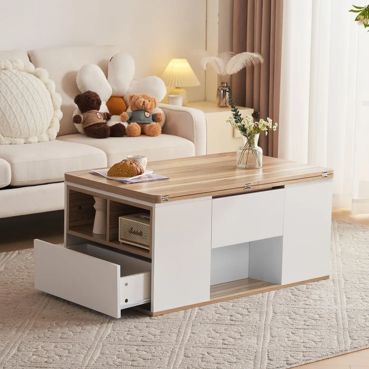 Höhenverstellbarer Couchtisch, Weiß & Holz, 100x51x47 cm, mit 2 Schubladen – Bild 4