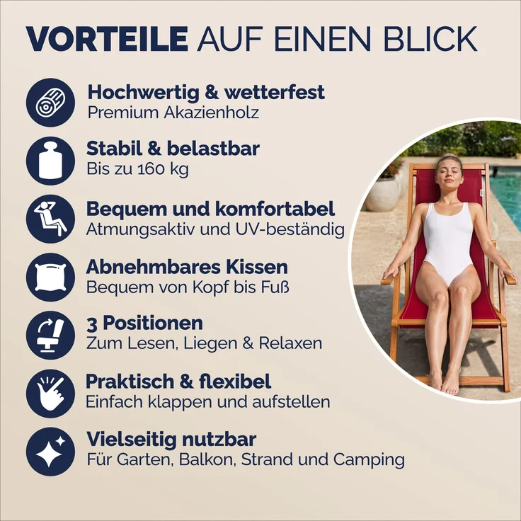Sonnenliege Gartenstuhl Akazienholz 4 verschiedene Farben – Bild 7