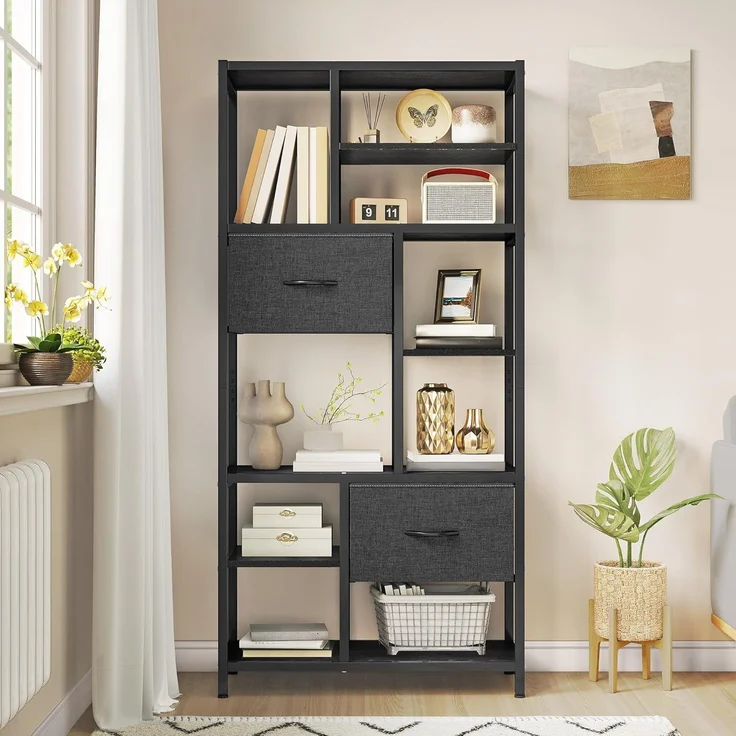 YITAHOME Bücherregal mit Schubladen, 7-stöckiges Standregal mit Stahlrahmen, Bodenstehendes Lagerregal, Industrieregal Aufbewahrungsregal, für Wohnzimmer, Büro, Flur, Küche, Schwarz Regal – Bild 1