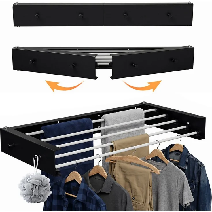 Clanmacy Wandwäschetrockner 80 cm Klappbarer Wäscheständer, Wandtrockner Schwarz mit 5 Stangen – Bild 1