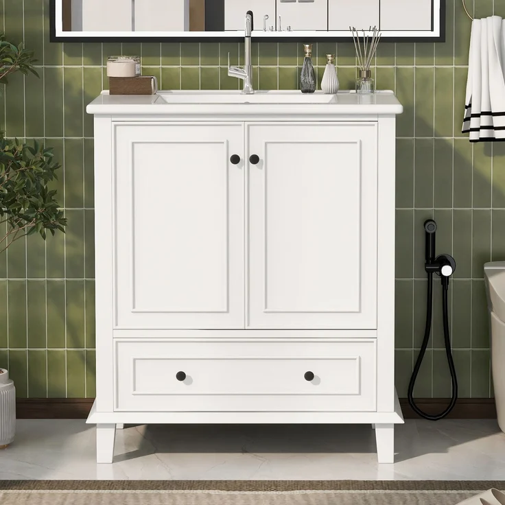 Badezimmerschrank 76 x 46 x 87 cm mit Keramikbecken, viel Stauraum & Massivholzbeinen – Moderner Waschtischschrank,Weiß – Bild 3
